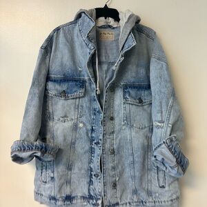 We the Free People Denim Trucker Jacket with hood distressed size Large